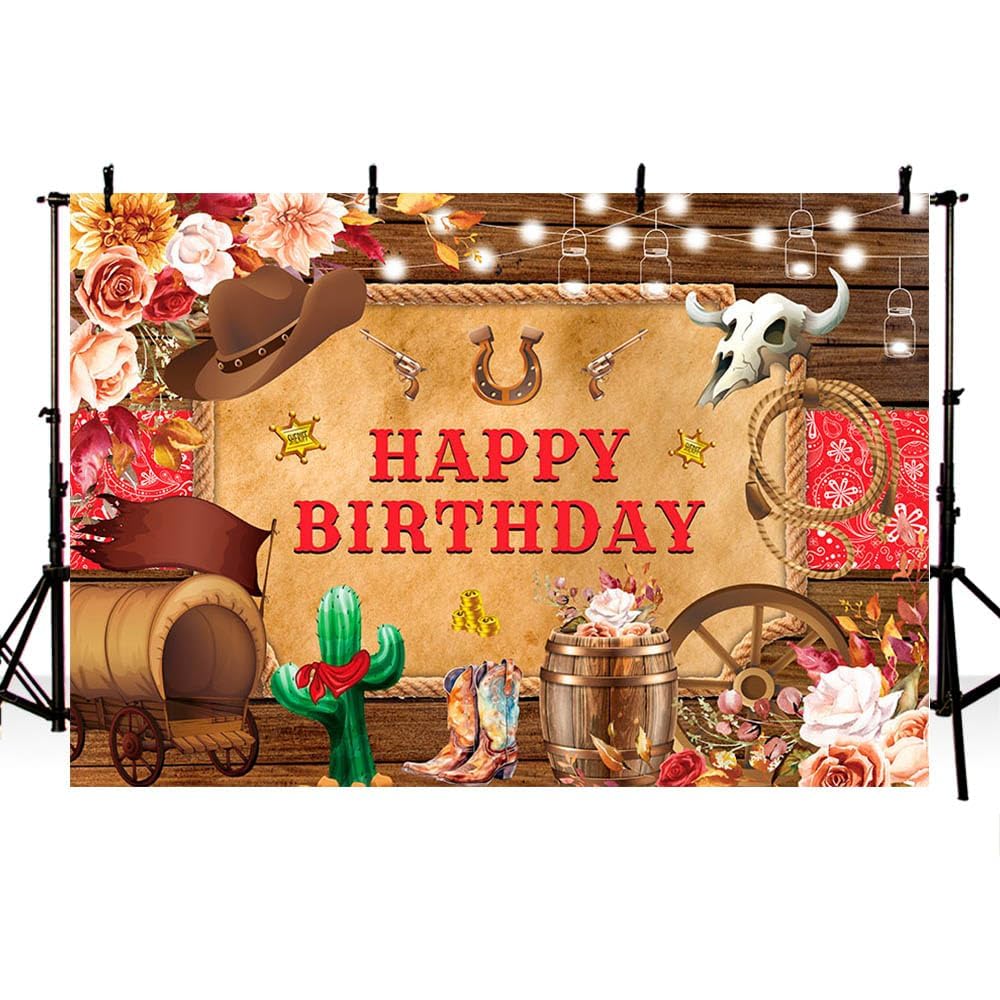 Western Cowboy Happy Birthday Backdrop – 7x5ft Rustic Rodeo Theme Vinyl Background For Party Photo Booth