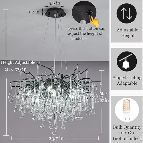 Miniatura 225 de Candelabro moderno de ramas de árbol de cristal, color negro, 40 pulgadas, Art Deco Rectángulo Lineal con gotas de lluvia para interiores, comedor