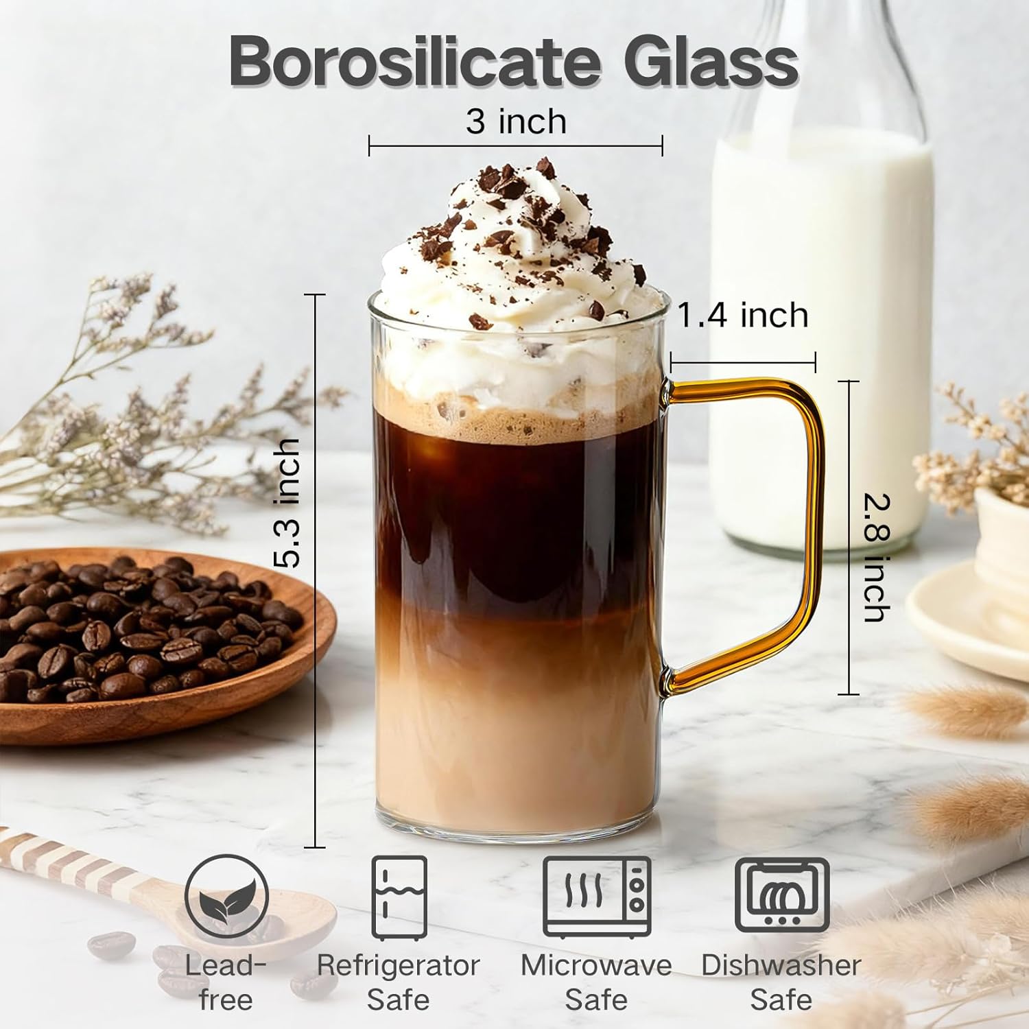 COMI Glass Coffee Mugs Set of 4, 17 oz Large Clear Coffee Cups with Colorful Handles, Hand Blown & Seamless Design, Heat Resistant and Explosion-Proof, Lightweight Tea Mugs for Home,Cafe