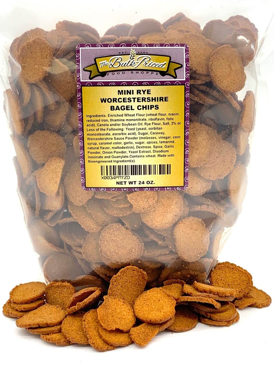 Mini Rye Worcestershire Bagel Chips, Bulk Size, (1.5 lb. Resealable Zip Lock Stand Up Bag) (Pack of 2)