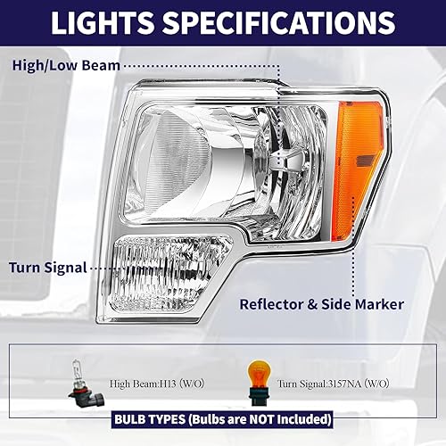 Miniatura 3 de CAPSER Conjunto de faros delanteros compatible con Ford F-150 Pickup Truck 2009-2014, lente transparente cromada, reflector ámbar, lado del
