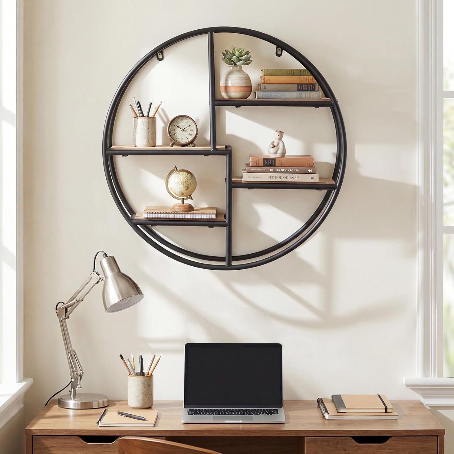 Giantex Industrial Style Round Wall Shelves, 4-Tier Decorative Circle Metal and Wood Wall Shelf for Display & Storage, Modern Geometric Wall Mounted Display Organizer for Living Room, Bedroom, Study