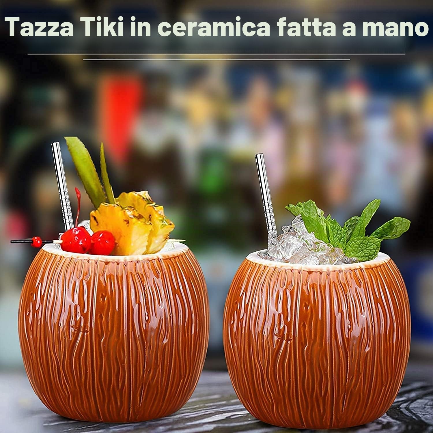Tiki Bicchieri a Forma di Cocco - Set di 4 Tazze Grandi in Ceramica da 530 ml per Cocktail, Bar, Hawaiian Luau Party