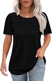 Chicrise T-Shirt Women's Summer Short Sleeve Pleated Crew Neck Tops Elegant Puff Sleeve Casual Blouse