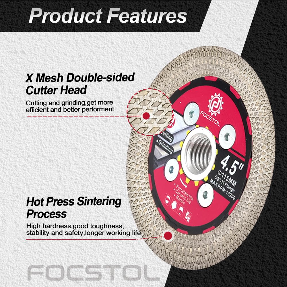 FOCSTOL Diamond Tile Saw Blade - 4.5''(115mm) Cutting and Grinding Disc Wheel with 5/8"-11 Flange for Porcelain Ceramic Tile Marble Granite Artificial Stone with X Mesh Rim for Angle Grinder