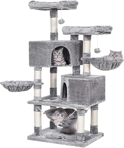 BEWISHOME Condominio de árbol de gatos de varios niveles con postes de sisal perchas casas hamaca y cestas muebles de torre de gatos centro de Gris