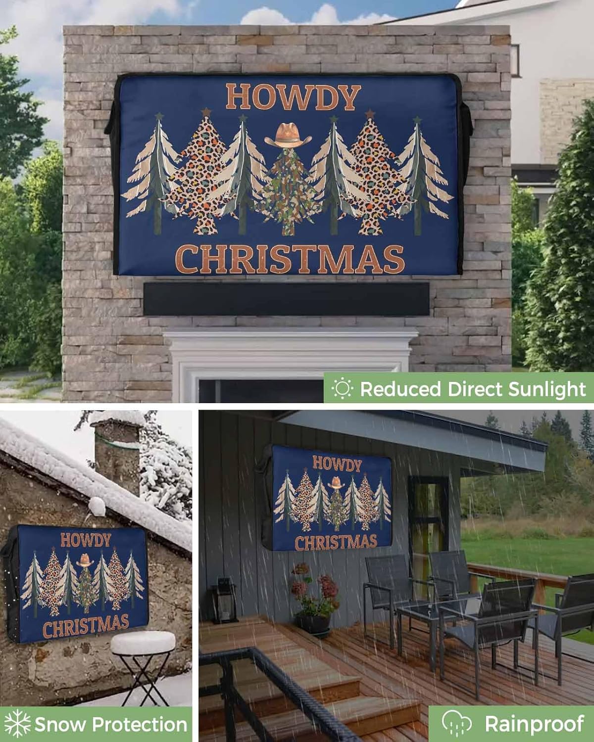 Christmas Cowboy Blue Outdoor TV Cover 70"-75" - 600D Waterproof TV Cover Weatherproof TV Screen Protector Dustproof Western Winter Xmas Leopard Tree TV Display Protector for Outside Flat Screen TV
