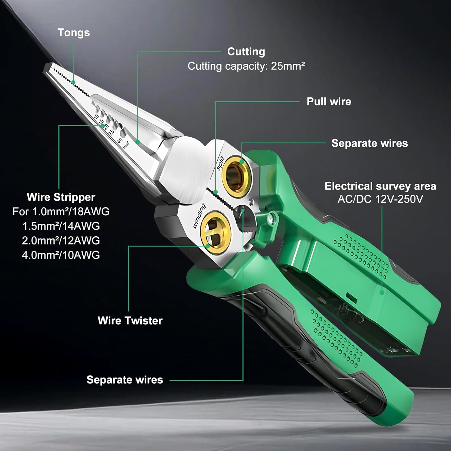 8 in 1 Wire Stripper with Voltage Tester, & Dual Alarms - Heavy Duty 12-250V AC/DC Tester for Hot/Neutral Wires - Electrician, HVAC, Car Repair Tool (Green)
