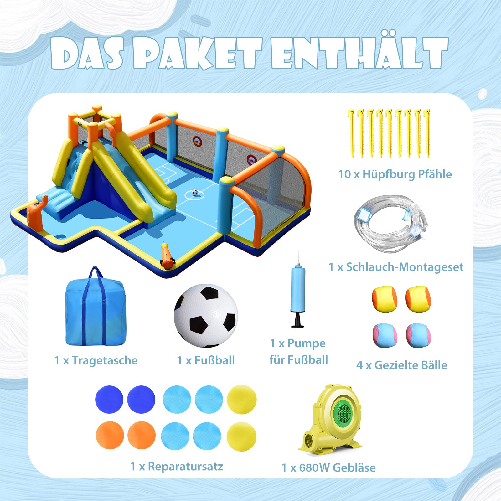COSTWAY Aufblasbare Hüpfburg mit Gebläse, Wasserrutsche, Planschbecken, Fußballzone, Kletterwand, Zwei Wasserkanonen, und Zielspiel, Spielpool 500 x 465 x 200 cm