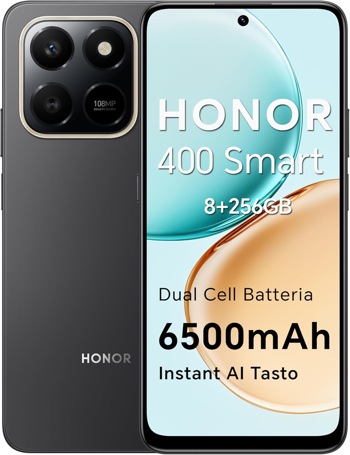 HONOR 400 Smart 4G Smartphone Dual SIM NFC Android 15, 8+256GB, 6500mAh Dual Cell Battery, 108MP+2MP with AI Button Phone, 6.77 Inch 120 Hz Comfort Display, 5 Star SGS&IP65, Velvet Black