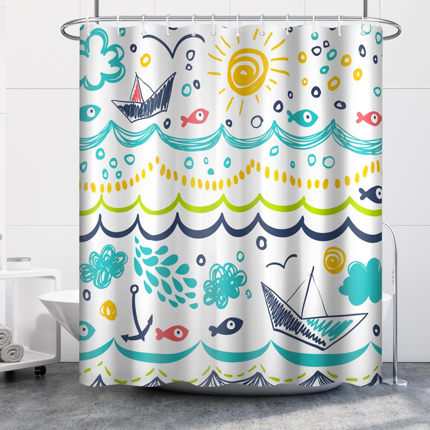 Cartoon Sea Fishes Shower Curtain for Bathroom Clouds Sun Waterproof Fabric Bathtub Curtains Rain Boat Cartoon Wave Bathroom Decoration for Kids Shower Curtains with Hooks 72x72 inches