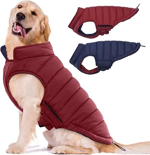 Lelepet Reversible Waterproof Dog Puffer Jacket - Windproof Warm Winter Vest for Large Dogs, Adjustable Fit with Leash Hole, XL Wine Red