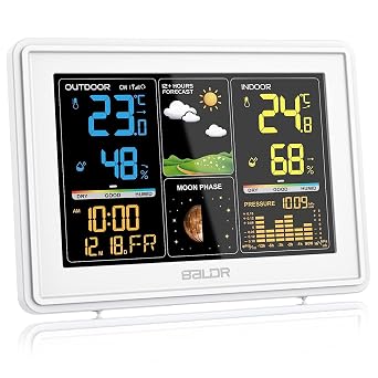 BALDR Wetterstation Funk mit Außensensor Digital Farbdisplay DCF-Funkuhr Innen und Außen Thermometer Hygrometer Funkwetterstation mit Wettervorhersage Barometer und Mondphase Netzteil