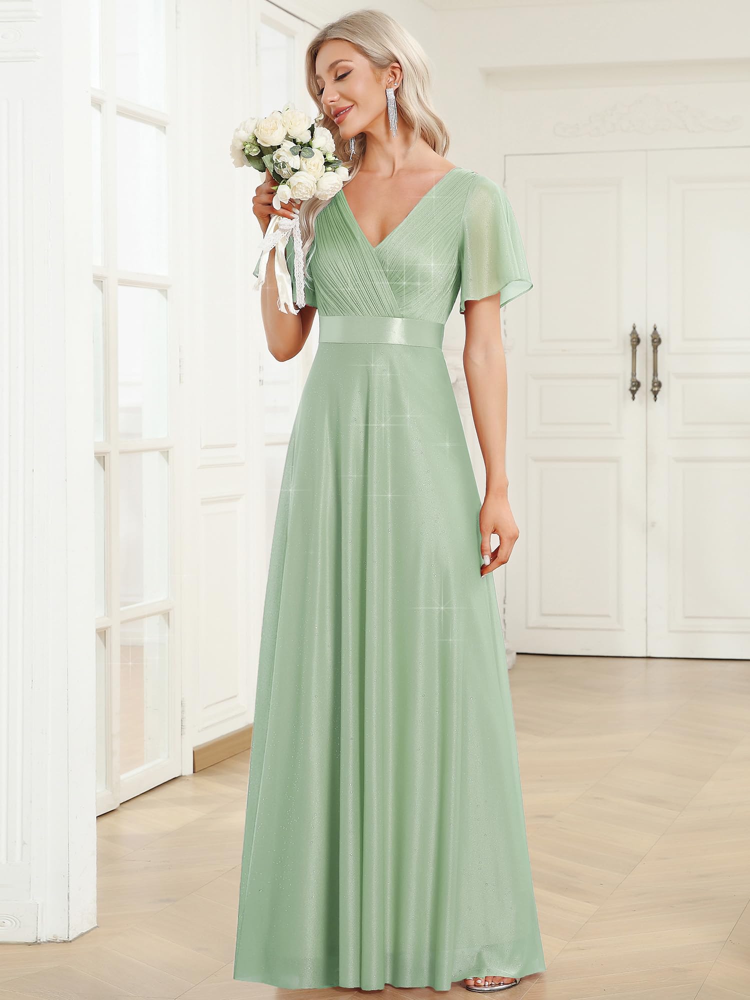 Ever-Pretty Damen Funkelnde Rüschen Ärmel Tiefer V-Ausschnitt Empire Taille A-Linie Brautjungfernkleid EE50159