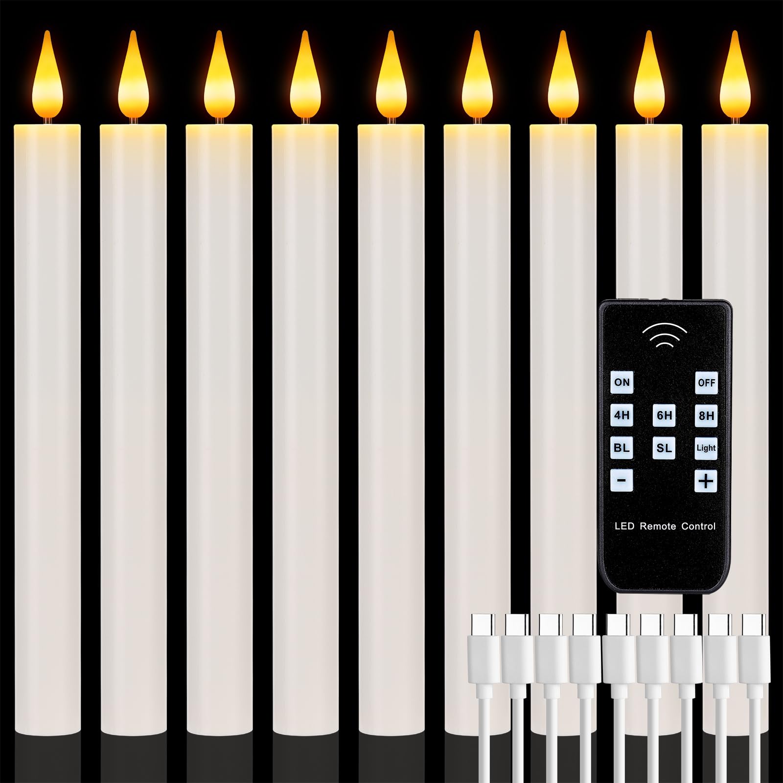 Lot de 9 bougies coniques rechargeables sans flamme avec télécommande et minuteur, 2,2 x 23,4 cm, LED à piles vacillantes réalistes pour la maison, mariage, Halloween, Noël