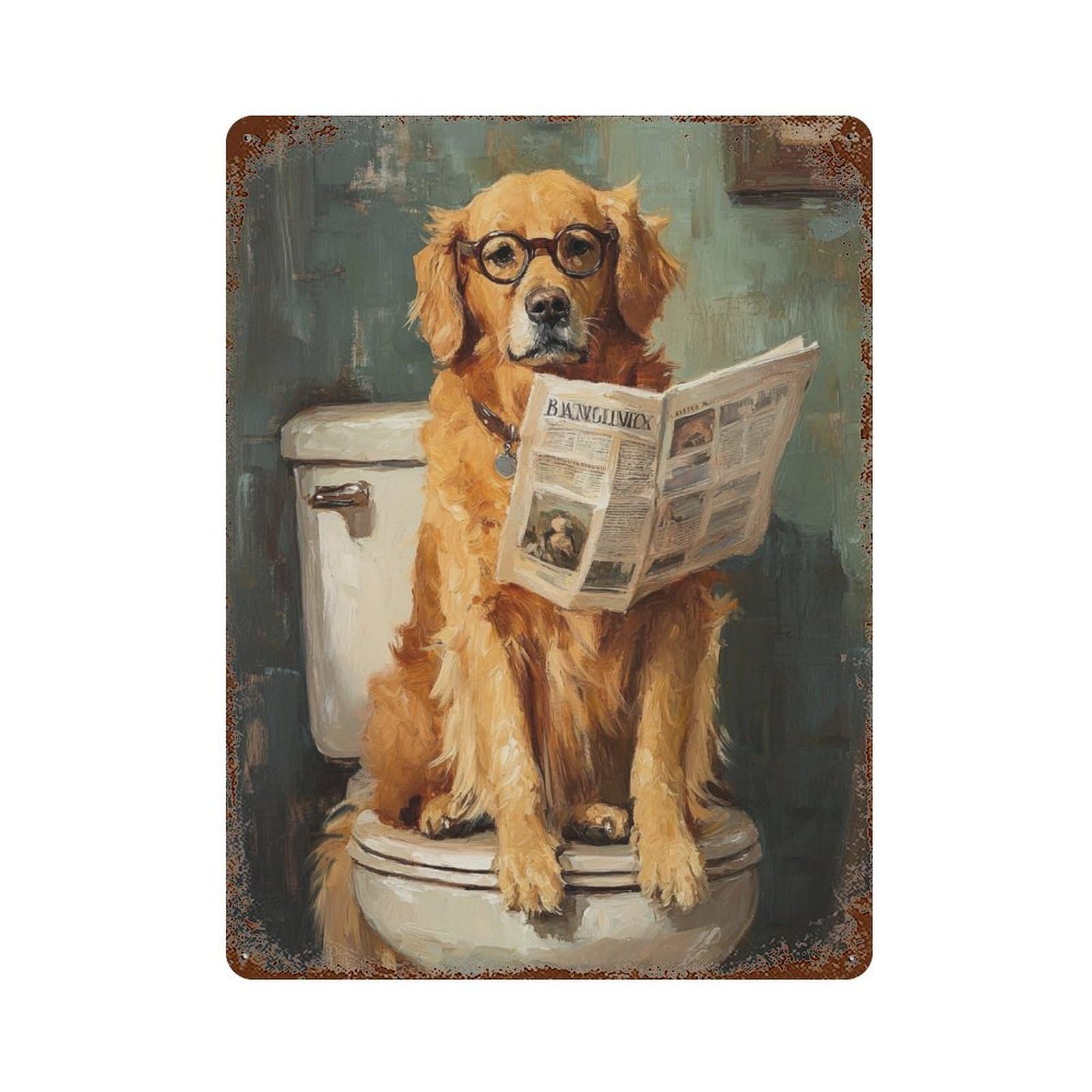 Rusty Metal Tin Sign Golden Retriever Reading Newspaper-6 15.7"x11.8", Classic Wall Plaque for Cafe, Home Bar And Lounge Decor