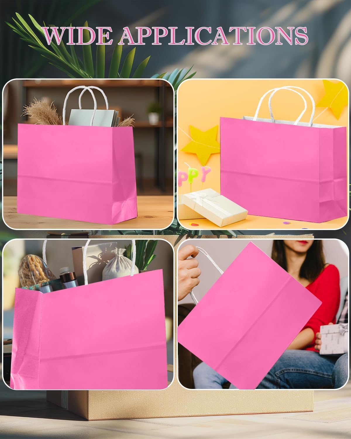 qiqee 24PCS Large Gift Bag with Handles Bulk 13"x4.5"x10" Gift Bags Pink Bags Multiple Uses (32x11x25cm,Wide Large)
