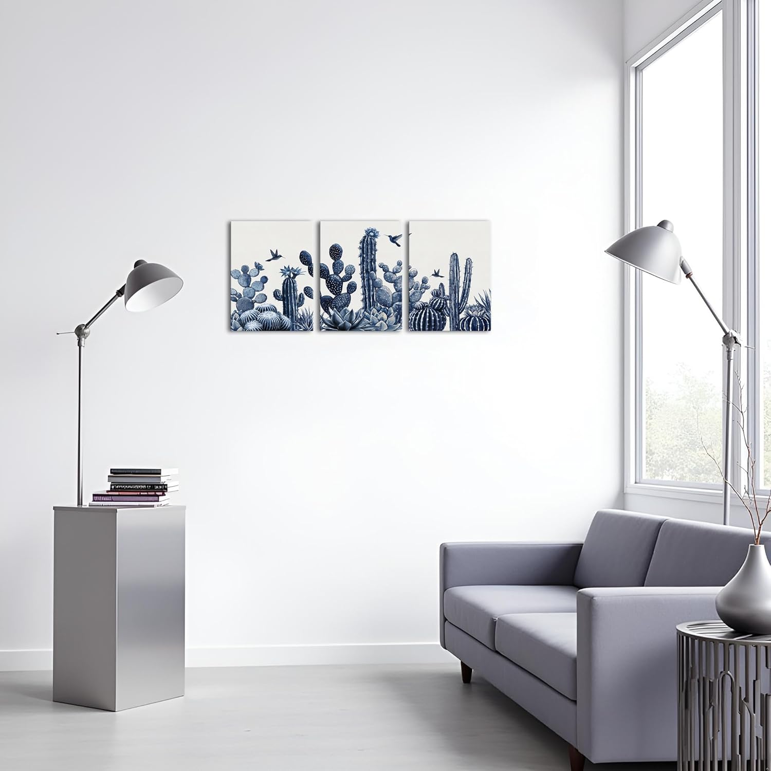 LevvArts Cactus Wall Art Canvas Botanical Painting Hummingbird Print Modern Navy Blue Bathroom Decor Each Panel 12"x16" (Blue)