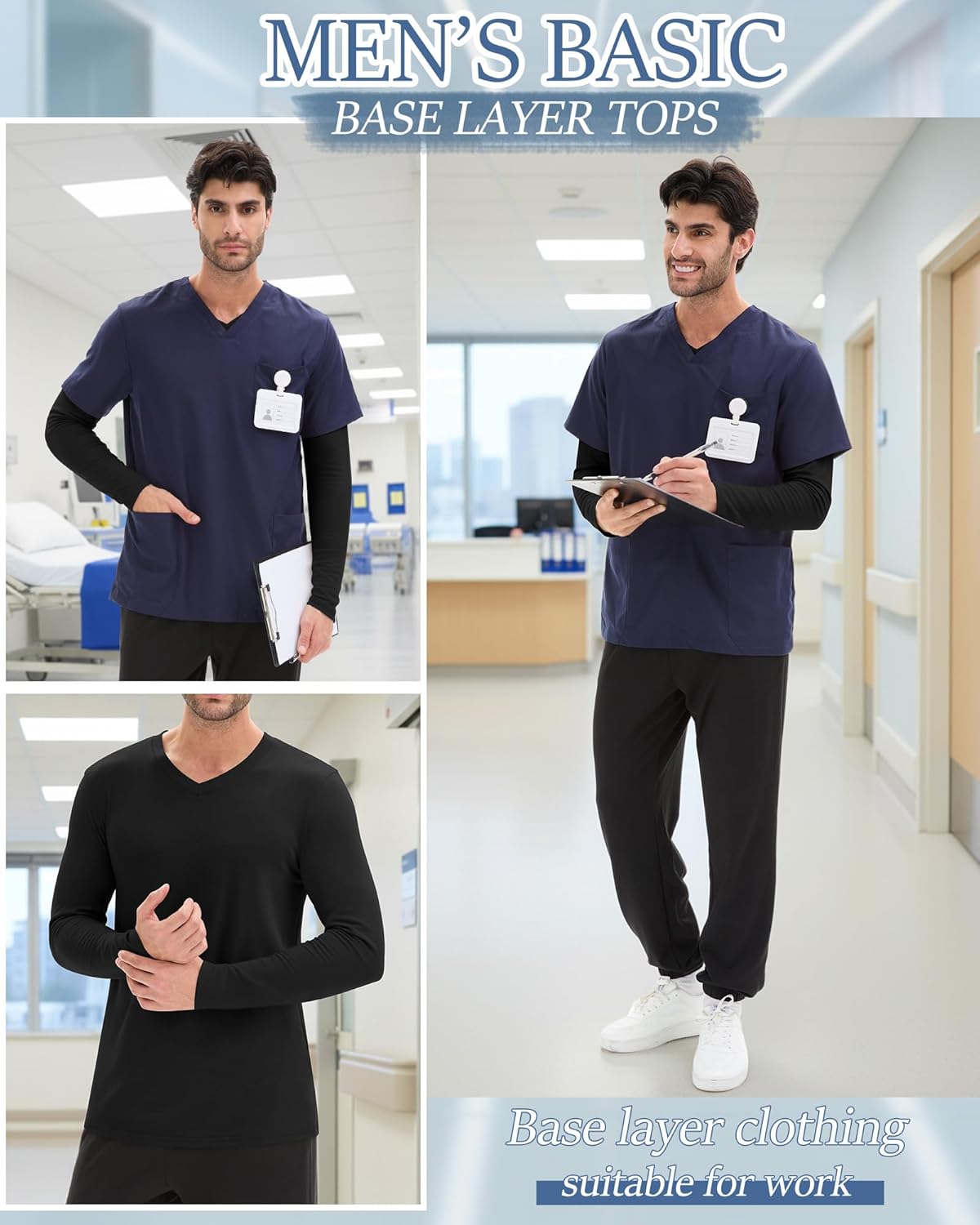 3 Pack Men's Long Sleeve Underscrub Nurse V Neck Scrub Undershirts Fitted Base Laye... - Image 6