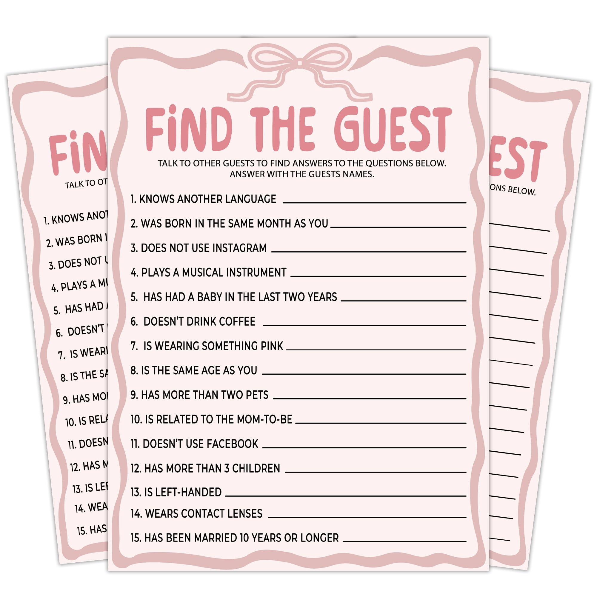 WUAWN Baby Shower Game Cards, Find The Guest Baby Shower Game, Pink Minimalist Theme Gender Neutral Cards, 25 Gender Neutral Card,Pink Ribbon Bow Party Decorations Supplies (5X7 inches) A04
