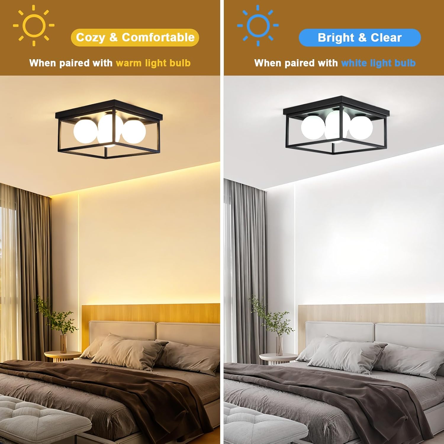 Flush Mount Ceiling Light, 12.6” Close to Ceiling Light Fixtures with Globe Glass Shade, 4-Light Black Ceiling Light Fixture for Bedroom Kitchen Hallway Living Room Dining Room Entryway