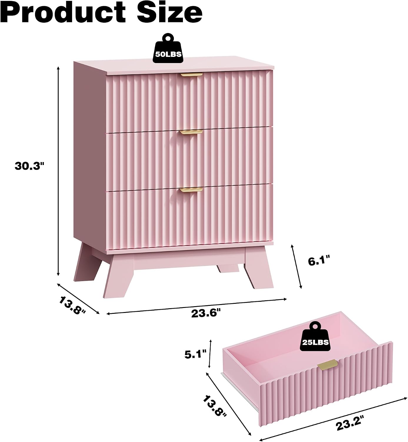 HUANLEGO Fluted 3 Drawer Dresser for Bedroom, Mid Century Modern Night Stand with Metal Handle, Wooden Beside Table with 3 Drawers End Table for Living Room, Closet, Entryway, Pink