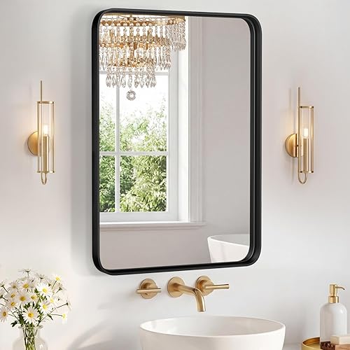 OLIXIS Bathroom Mirror for Over Sink, 30x22 Inch Wall Rounded Rectangle Mirror with Matte Metal Framed, Modern Wall Mount Vanity Mirror for Home Decor, Living Room, Bedroom, Black