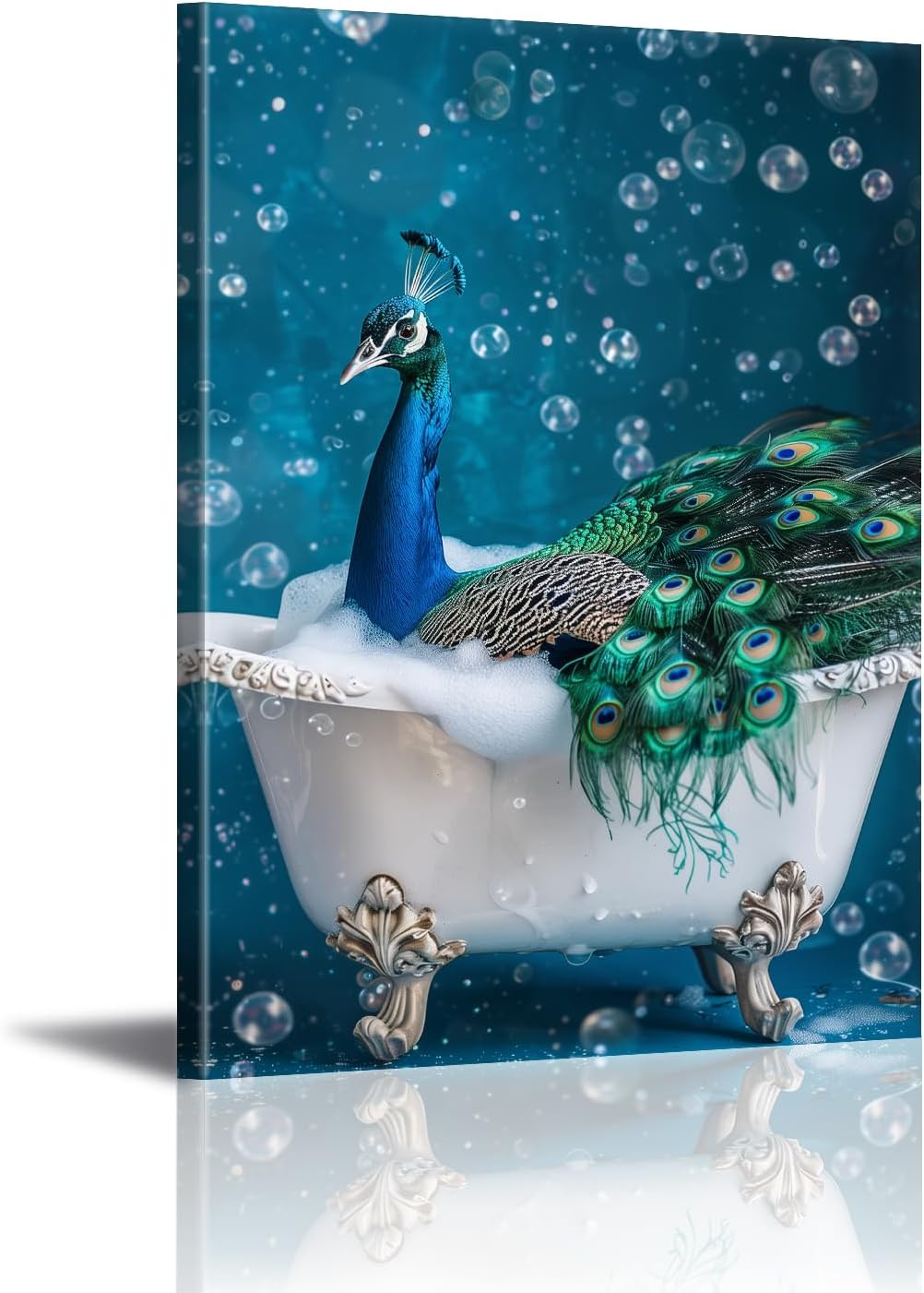 Funny Bathroom Wall Art Peacock Bathtub Bubble Canvas Print Picture Abstract Animal Poster Painting Bule Funny Artwork for Bathroom Lavatory Home Decor(Ani-02,16"x24")