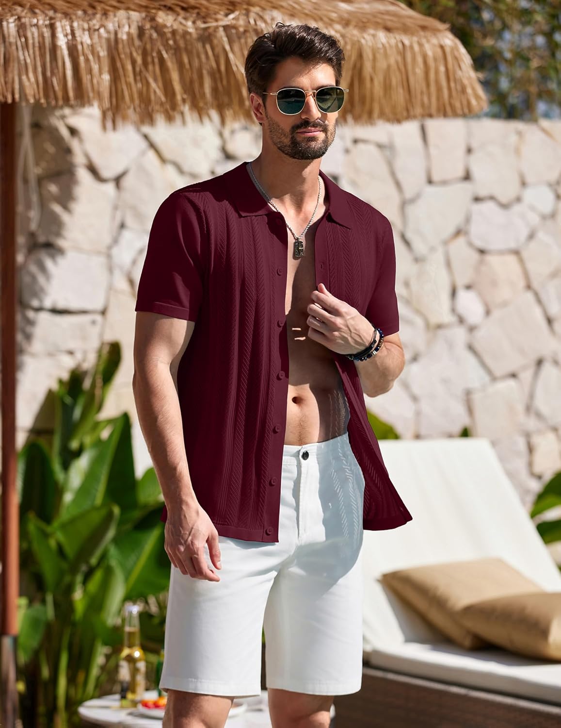 COOFANDY Men's Knit Shirt Short Sleeve Button Down Shirts Vintage Casual Summer Beach Shirts - Image 2