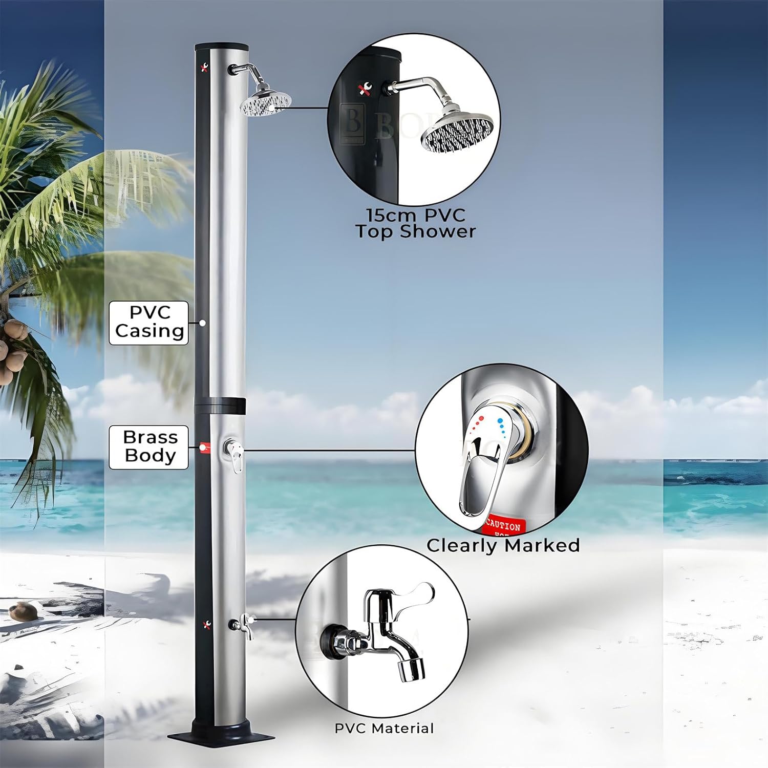 Solar Heated Shower with Temperature Control, Quick Assembly for Outdoor Pool Beach Spa Use