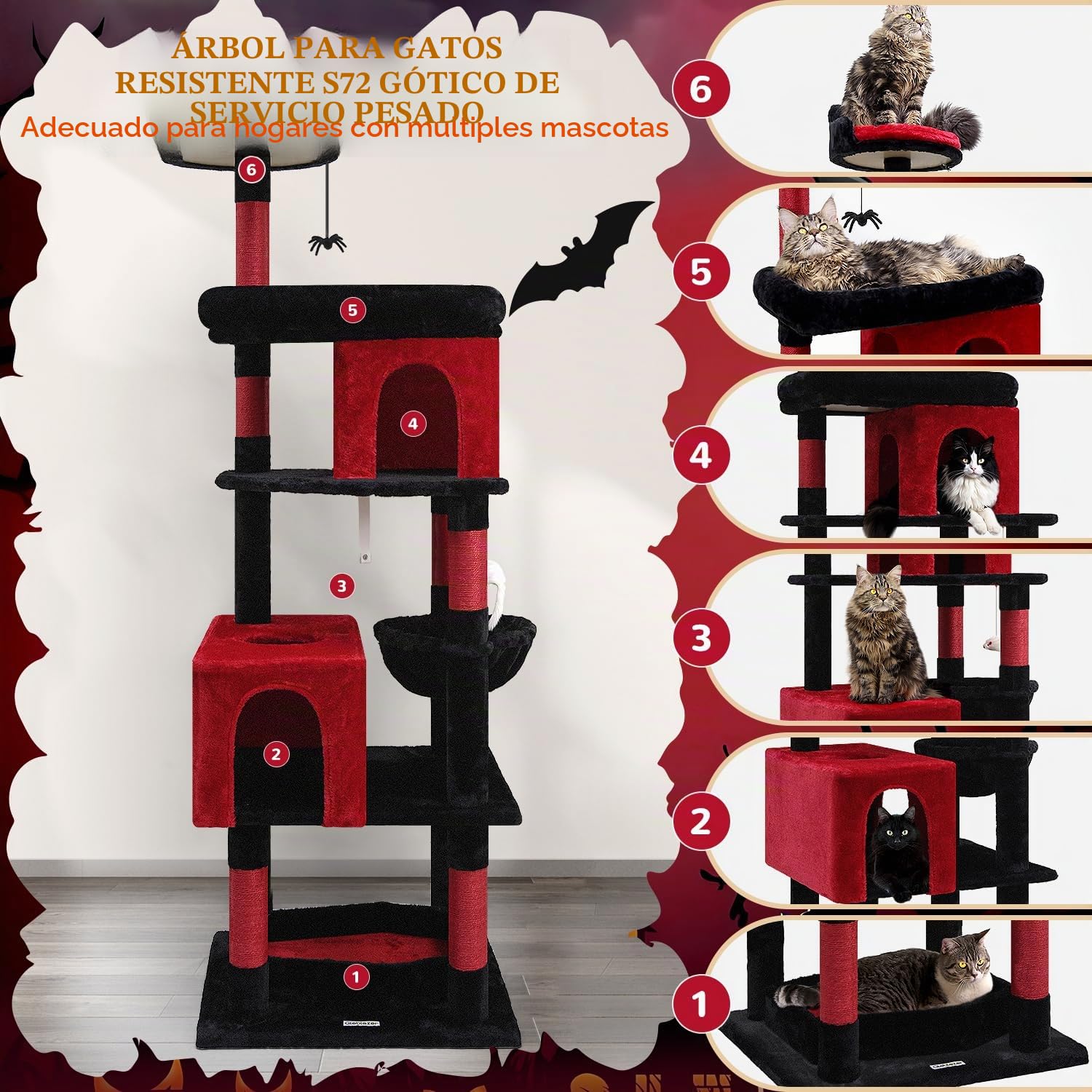 Globlazer Árbol Rascador para Gatos Gótico Negro Rojo, Árboles para Gato Alto 183 cm con Cama Ataúd Nidos Plataformas Cesta, Clásico Torre para Gatos Grandes Adultos Descansar Jugar (S72, Gótico)