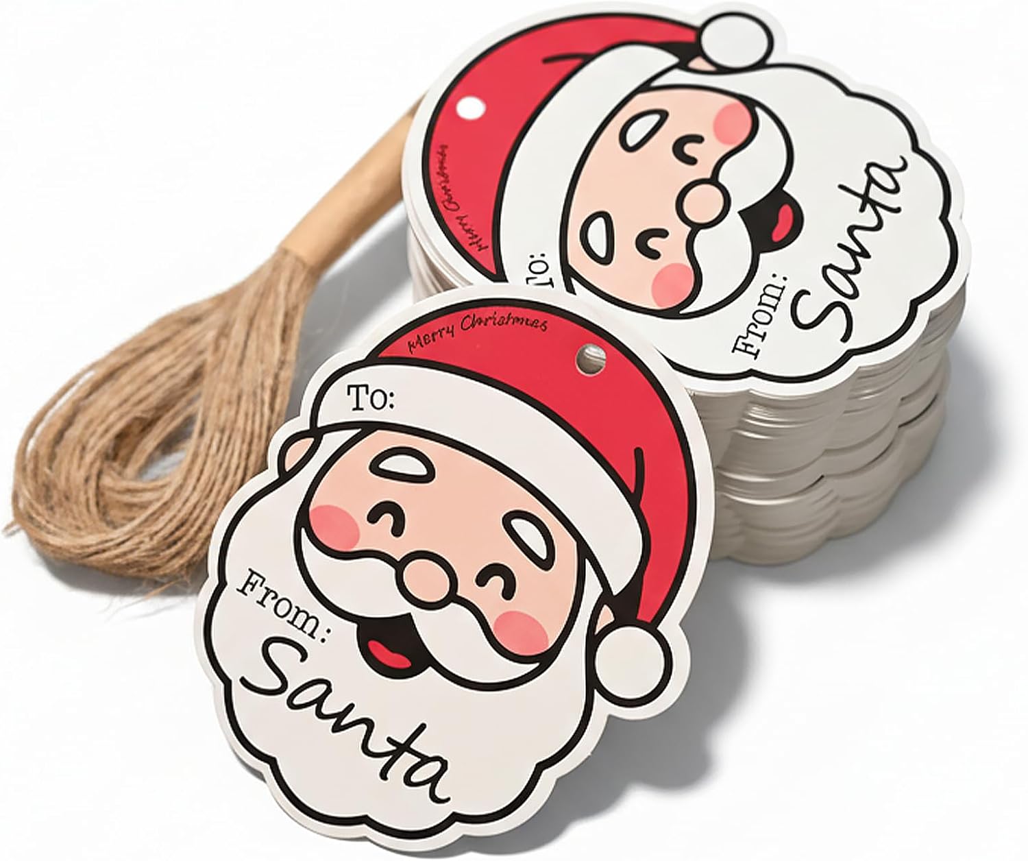 100 Pcs Cute Christmas Gift Tags - Cartoon Santa Claus Style Xmas Craft Labels with Rope for DIY Holiday Presents, Party Decorations