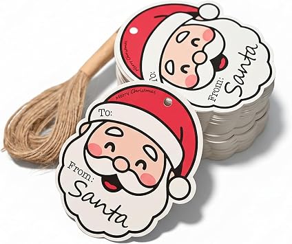 100 Pcs Cute Christmas Gift Tags - Cartoon Santa Claus Style Xmas Craft Labels with Rope for DIY Holiday Presents, Party Decorations
