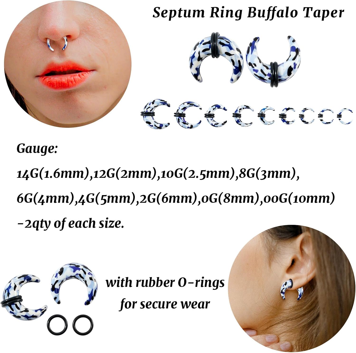 Longbeauty 18Pcs Acrylic Septum Pincher Tapers C Shape Buffalo Ear Taper Kit Stretching Expander Rings for Nose Ear Gauges Size 14G 12G 10G 8G 6G 4G 2G 0G 00G