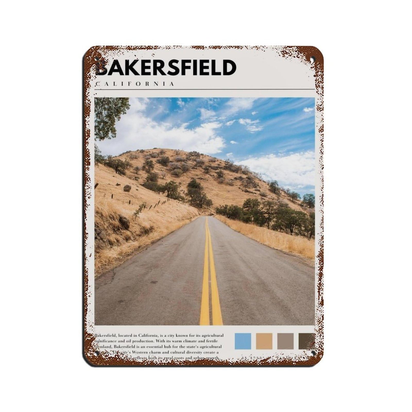 Bakersfield California Poster Bakersfield Art Tin Sign Vintage Metal Pub Club Cafe Bar Home Wall Art Decoration Poster Retro 12x16inch(30x40cm)
