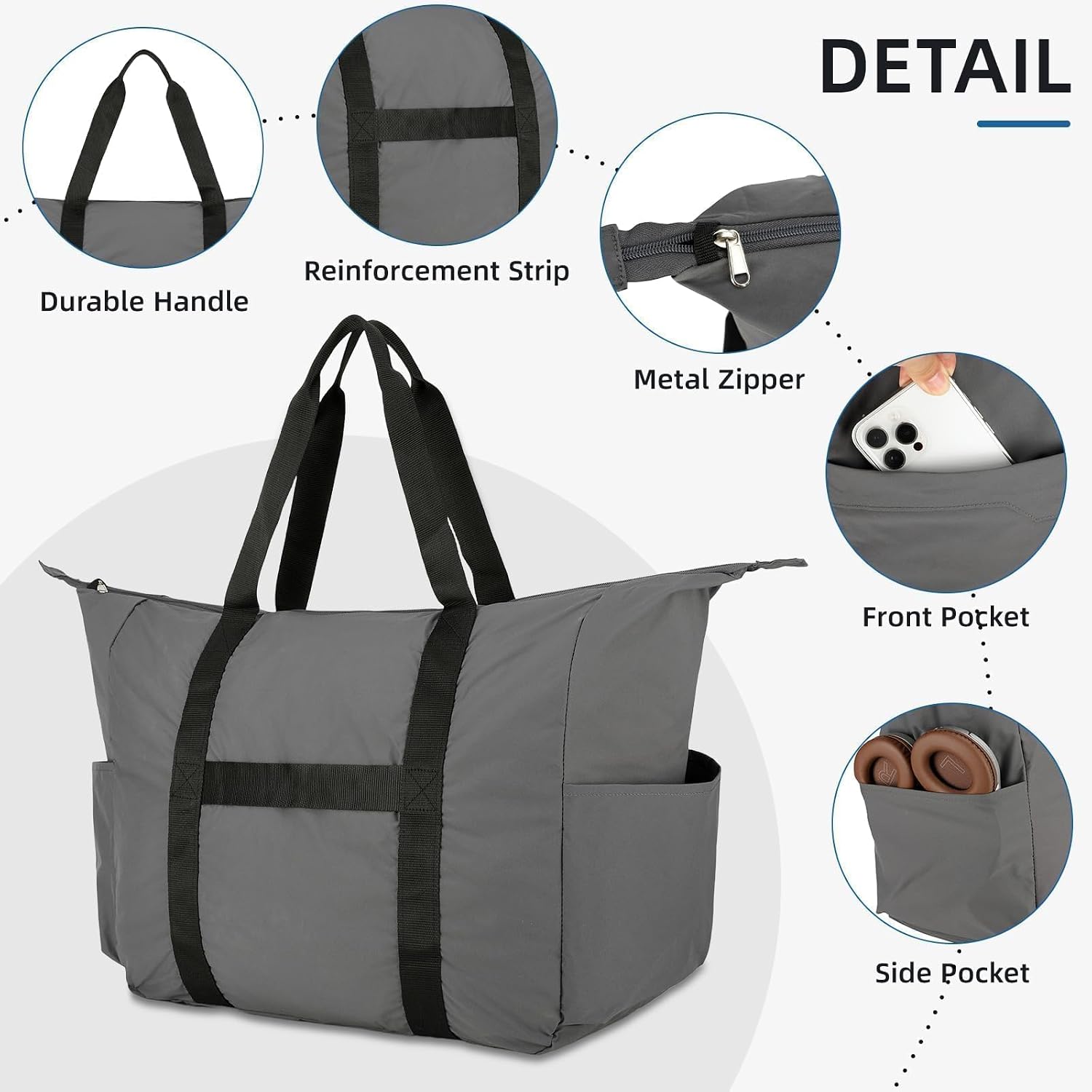 Uarition 50L Foldable Duffle Bag, Lightweight Travel Duffel Bag with Tear Resistant for Men Women, gray