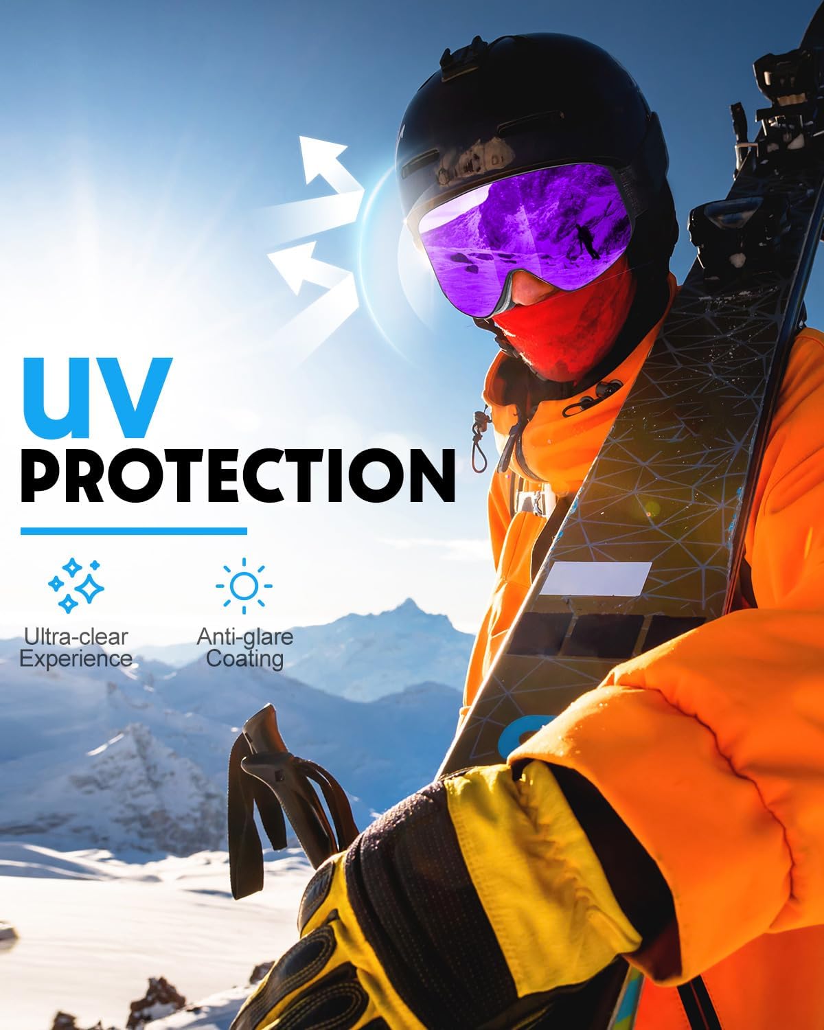 ski goggles, otg over glasses snowboard goggles with 2 uv400 anti-fog detachable magnet lenses for men&women adult ver.2 purple(vlt 16.54%) + clear (vlt 83.5%)