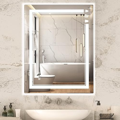Espejo de baño LED de 36 x 24 pulgadas rectangular de aluminio barra de luz táctil antivaho incorporada brillo ajustable memoria de apagado espejo