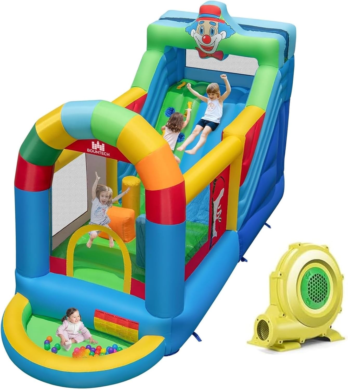 BOUNTECH Inflatable Bounce House, Clownland Bouncy House with Long Slide for Kids 3-6 Indoor Outdoor Backyard Fun w/Climbing Wall, Obstacles, Ball Pit, Toddler Bouncy Castle for Birthday Party Gifts
