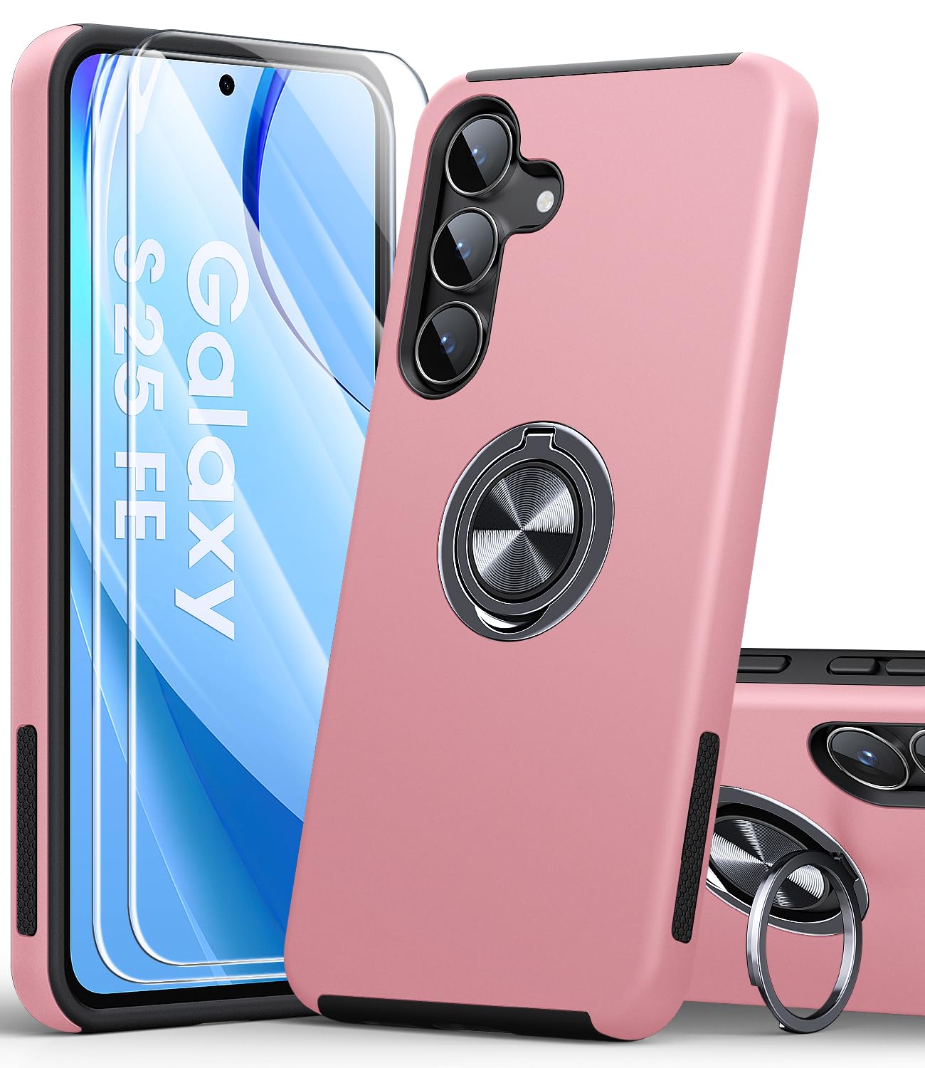 AOUIA für Samsung Galaxy S25 FE Hülle mit 2 Stück Panzerglas, Militärischer Stoßschutz S25 FE Hülle mit 360° Drehbarer Ring Kickstand Handyhülle für Samsung Galaxy S25 FE, Rosa