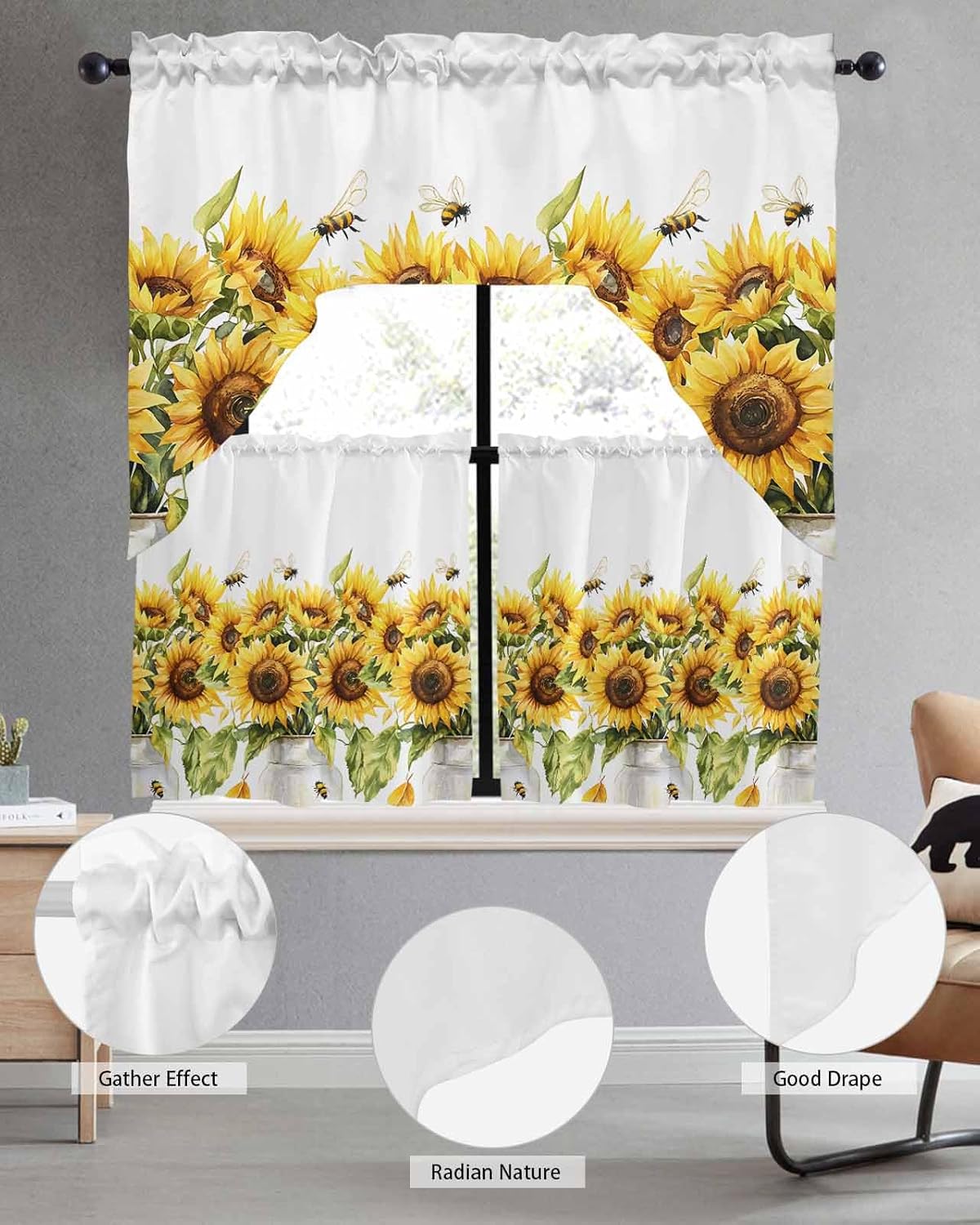 Sunflower Bee Kitchen Curtains Sets 24 Inch Length with Valance, Watercolor Yellow White Summer Spring Swag Valances and Tiers Curtain Set Drapes Swag Curtains for Living Room, Bathroom, Bedroom, Cafe