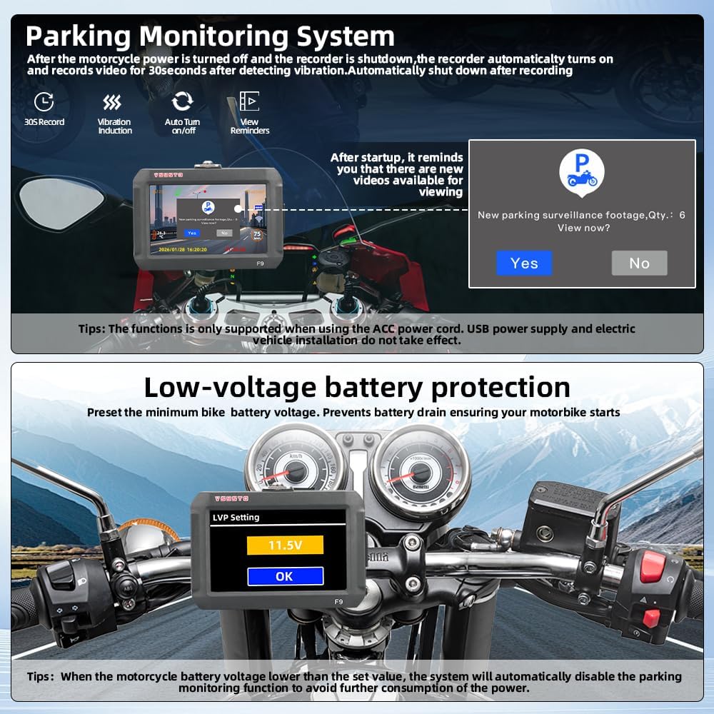 VSYSTO Motorcycle Dash Camera, 3 Tire Pressure Sensor, Parking Monitoring, WiFi 4'' Screen GPS 1080P 150° Wide Angle Front and Rear Camera Positive/Reversed/Side Electric Tricycle Motorbike DVR System