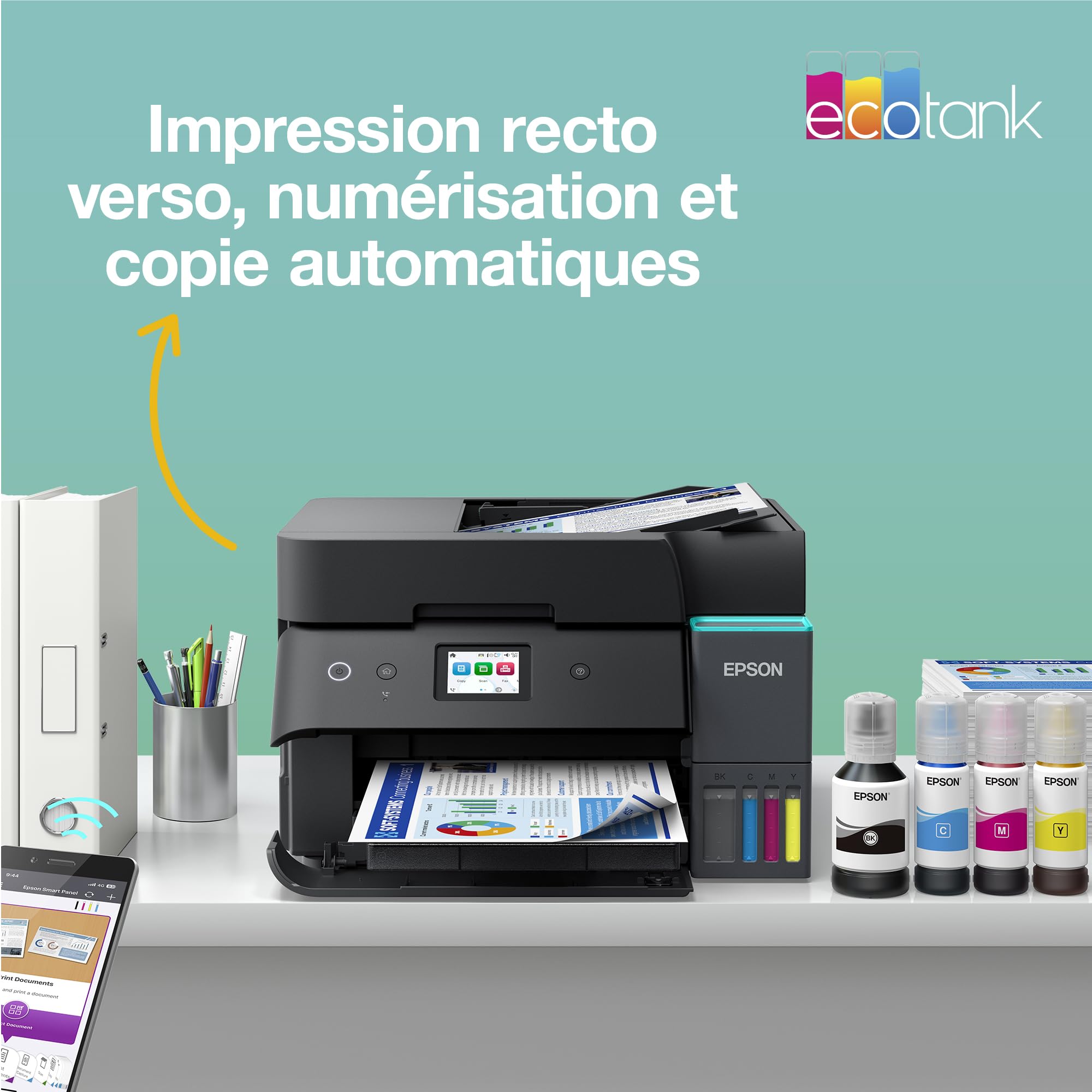Epson Solution d’Impression A4 EcoTank ET-4955 avec Wi-FI, réservoirs d’Encre AirPrint, Chargeur de Documents, Impression, numérisation, Copie et fax Recto Verso + Jusqu’à 3 Ans d’Encre Inclus