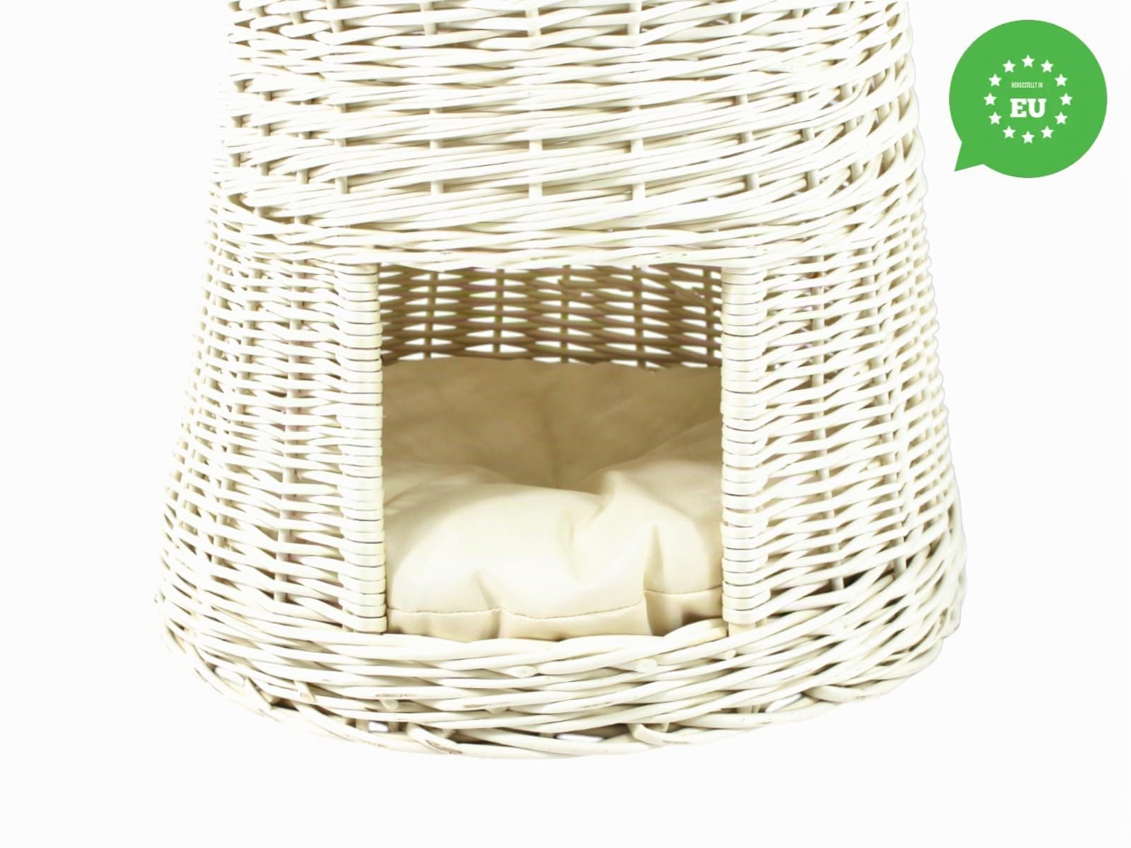 Katzenkorb zum Schlafen – Katzenhütte Indoor – Größe: 50 cm rund – Katzenhöhle aus Weide – Zweistöckiges Katzen oder Hundebett in Weiß – Kissen Ecru
