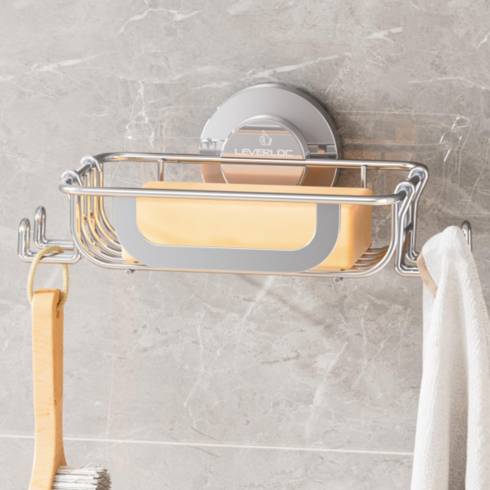 LEVERLOC Bar Soap Holder Dish with Hooks Soap Tray Suction Cup Wall Mounted for Shower Stainless Steel Sponge