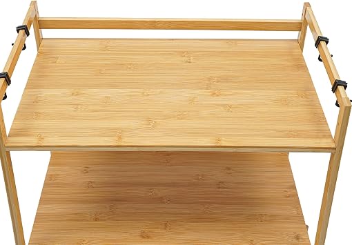 3 Tier Microwave Oven Stand Kitchen Rack with 4 hooks, Bamboo Storage Shelf Organizer Rack Over Microwave Shelf Countertop for Living Room, Kitchen (Log Color)