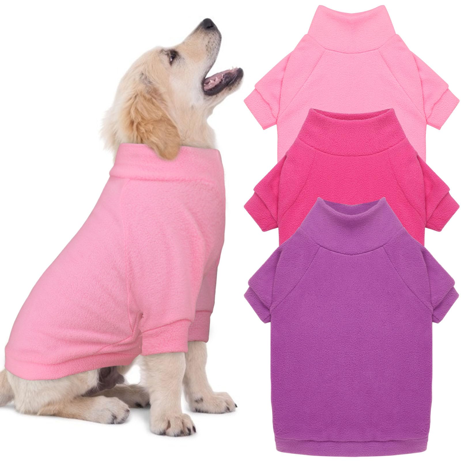 Paquete de 3 suéteres para perros medianos, suéter de forro polar para perro, cuello alto, sudadera suave y cálida para perro, ropa para perro, tamaño mediano, para perros y niñas (rosa, rosa intenso