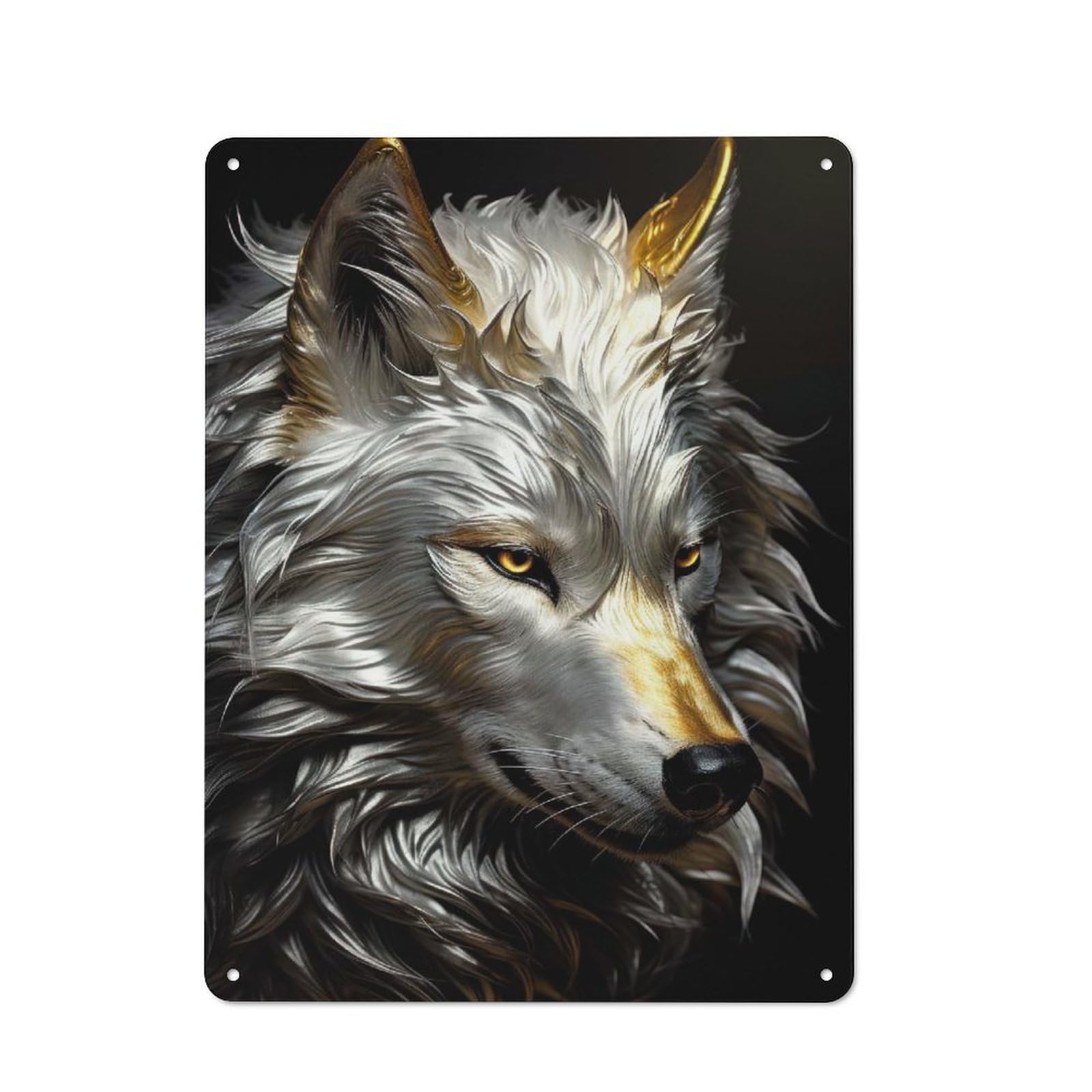 Junmoney Gold White Wolf Side View Retro-Style Metal Plaque 40X30cm For Garage Or Workshop, For Garage, Workshop And Man Cave Decoration
