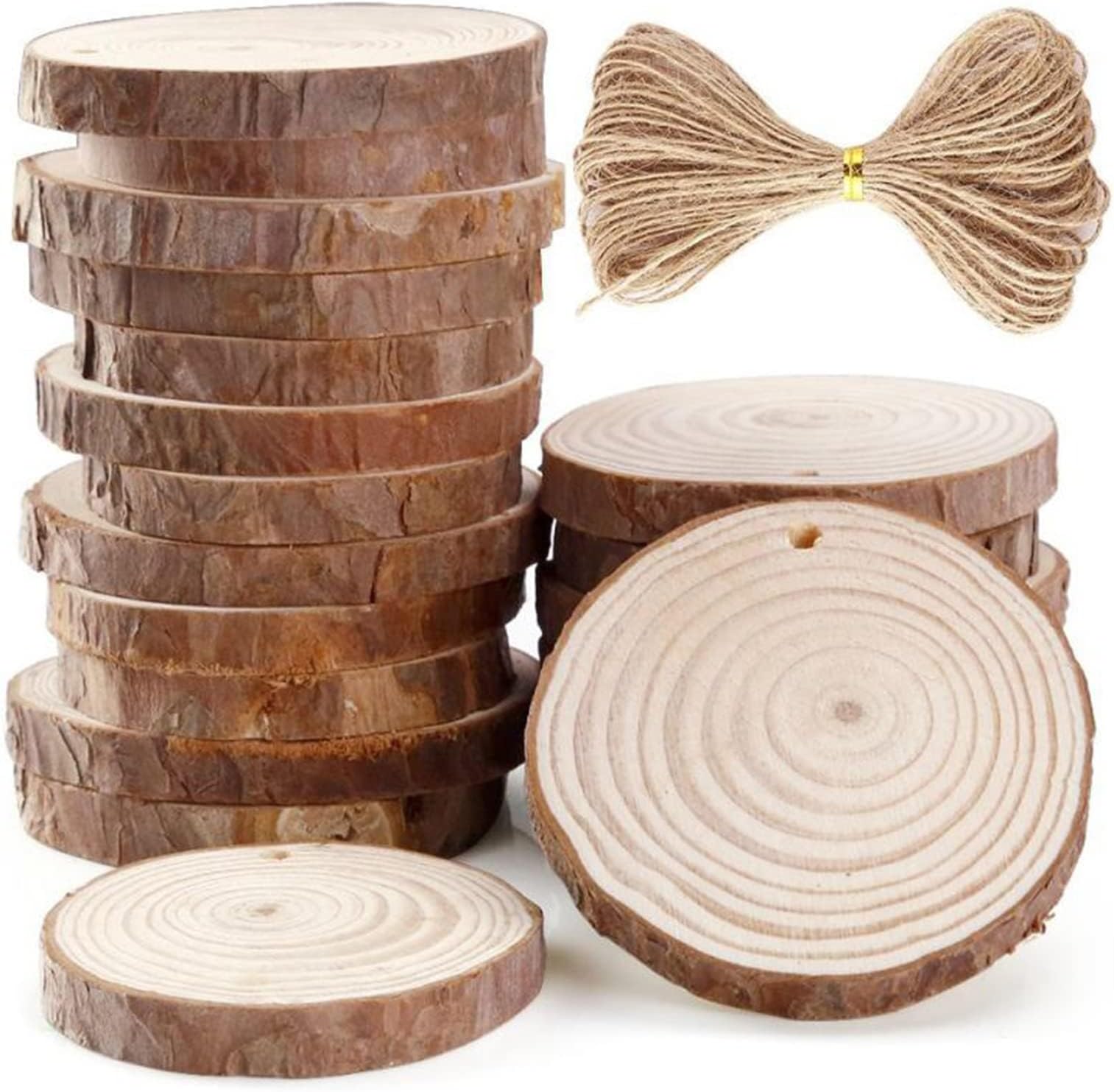 Natural Wood Slices, 20Pcs 8-9 cm Unfinished Wooden Circles, Predrilled with Hole Wood Ornaments with 10 Meters Jute Rope for Arts DIY Crafts Coasters Wedding Christmas Decorations