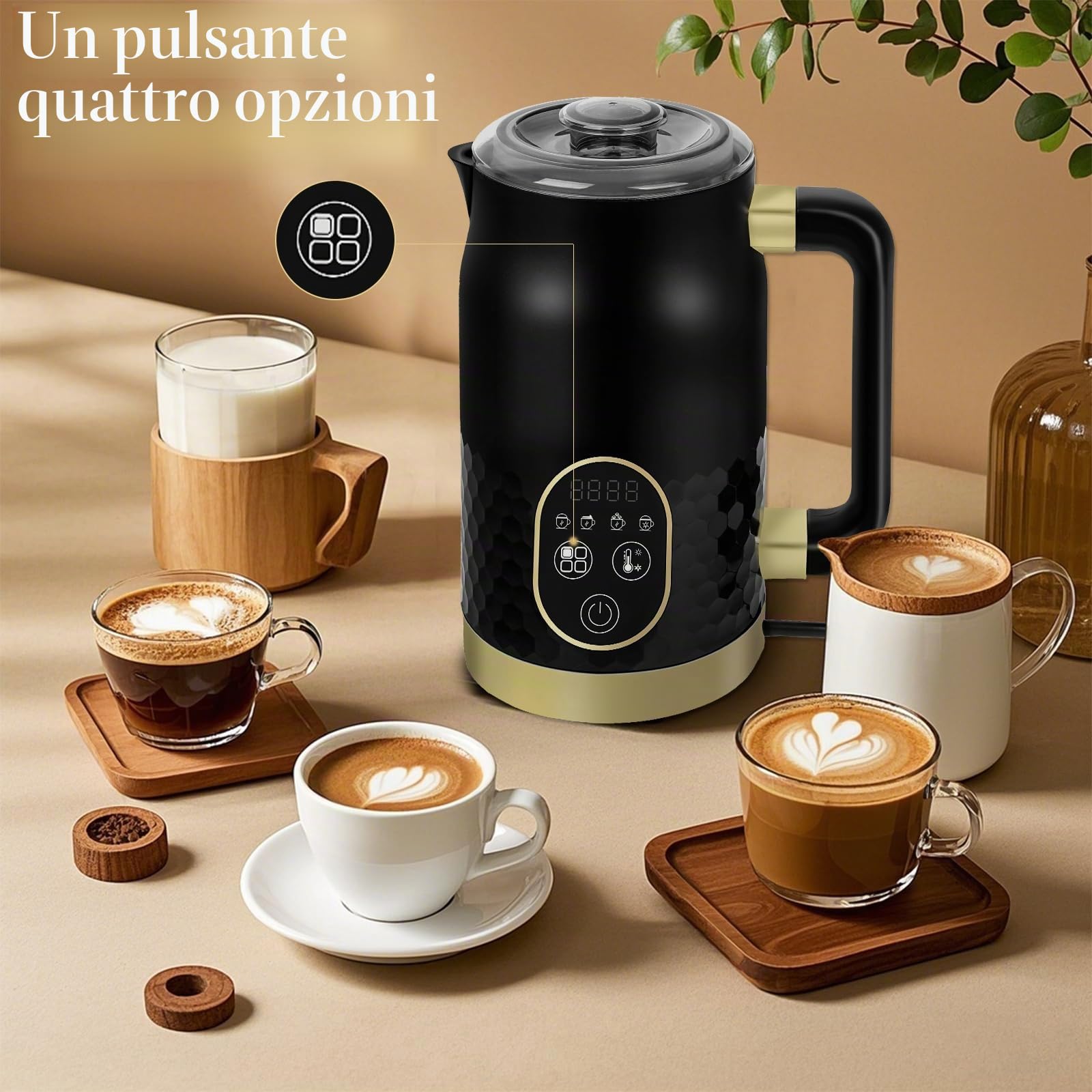 Montalatte elettrico 4 in 1 cioccolata calda con controllo temperatura, schiuma calda e fredda con 2 fruste per cappuccino, latte